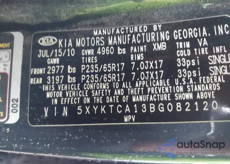 2011 Kia Sorento Lx из США, поврежденный, VIN 5XYKTCA13BG082120